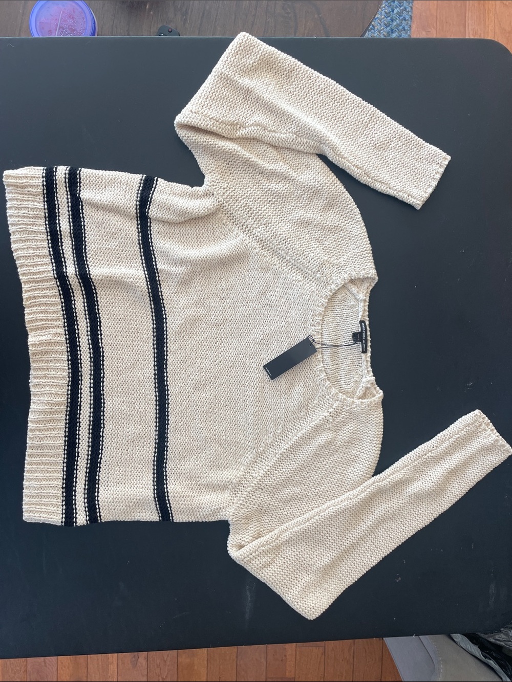 James Perse Cream Crewneck Sweater with Navy Stripes
